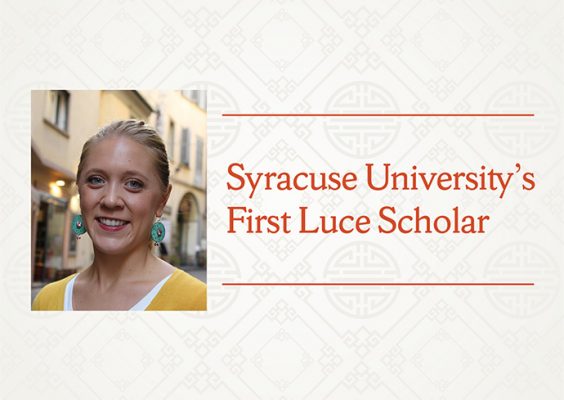 photo of Laura Marsolek with "Syracuse University's First Luce Scholar on patterned off-white background