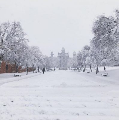 snow covered walkway in front of Hall of Languages