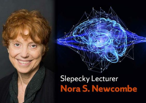 photo of Nora S. Newcombe and drawing of human brain with "Slepecky Lecturer Nora S. Newcombe"