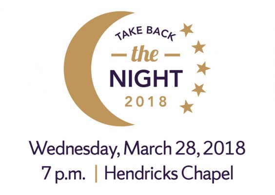 Crescent moon and stars with "Take Back the Night" and "Wednesday, March 28, 2018, 7 p.m., Hendricks Chapel"