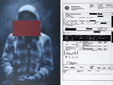 African American young man in hoodie with face blocked out on left with hard to read document on right