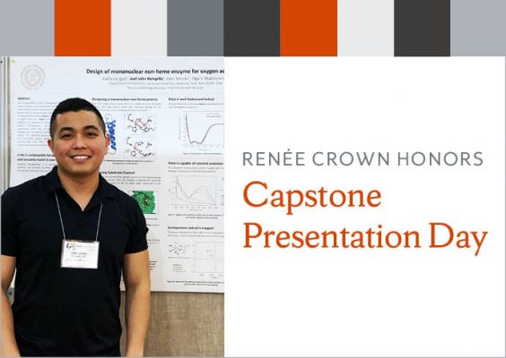 photo of Senior Joel Rempillo presenting his capstone research along with "Renee Crown Honors Capstone Presentation" with colored blocks at top of graphic