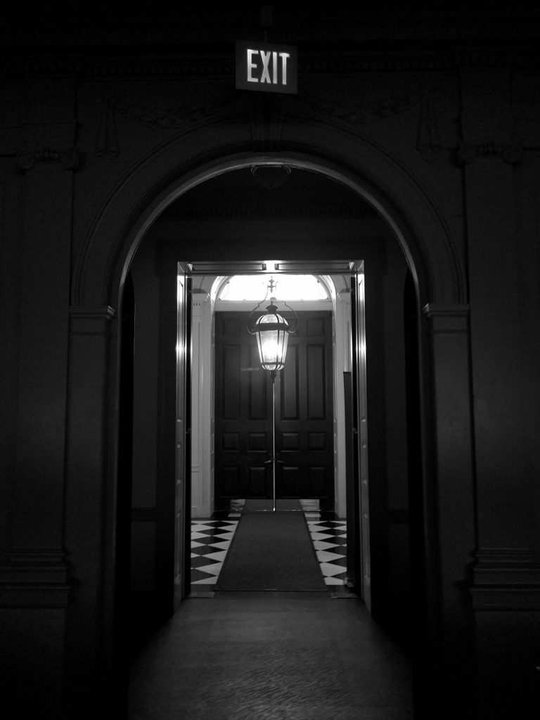 black and white doorway
