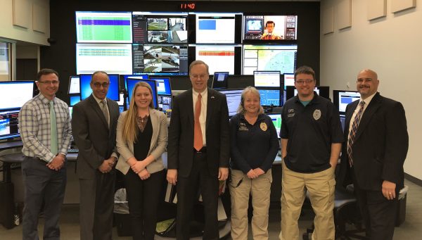 Phillip Cady, Emergency Communications Manager; Chief Maldonado; Marcella Becker, Community Services Officer and Dispatcher in Training; Chancellor; Linda Martin, Dispatcher; Andrew Pascuzzi, Dispatcher; Anthony Callisto, Senior Vice President and Chief Law Enforcement Officer