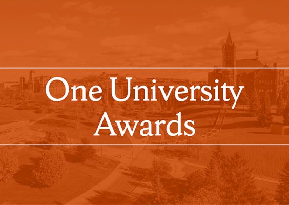 One University Awards on orange background with university buildings
