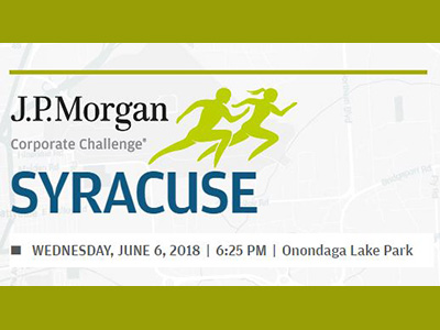 banner for J.P. Morgan Corporate Challenge Syracuse on green background with two running figures