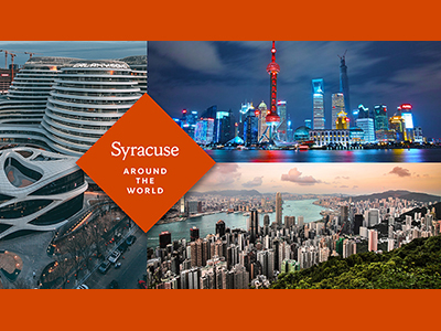 Syracuse around the World banner with photos of various world destinations