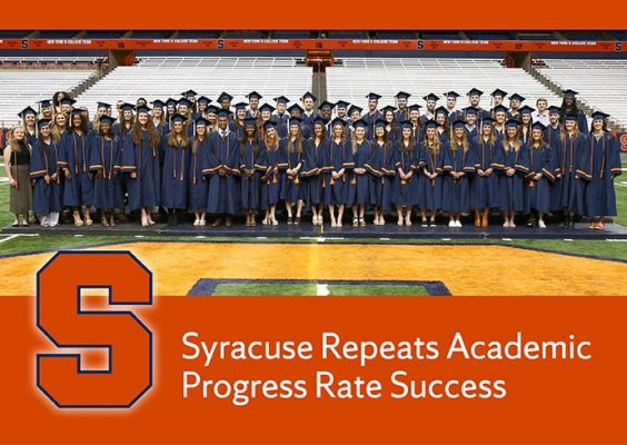rows of students in caps and gowns with "Syracuse Repeats Academic Progress Rate Success"