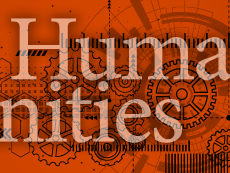 "Humanities" on orange background with machinery in background