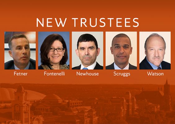 New Trustees with photos and names on orange background with campus buildings