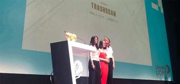 Newhouse advertising student Emily Alek accepting the Cannes Future Lion at the Cannes Lions International Festival of Creativity in Cannes, France from Group Creative Director Michelle Lassman and Head of Technology Jo Hickson from AKQA—the global digital ad agency that sponsors the Cannes Future Lions awards.