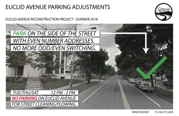 Graphic photo of Euclid Avenue with text that reads: PARK ON THE SIDE OF THE STREET WITH EVEN NUMBER ADDRESSES. NO MORE ODD/EVEN SWITCHING. TUESDAY/THURSDAY/SATURDAY 12 PM - 2 PM NO PARKING ON EUCLID AVENUE FOR STREET CLEANING/PLOWING.