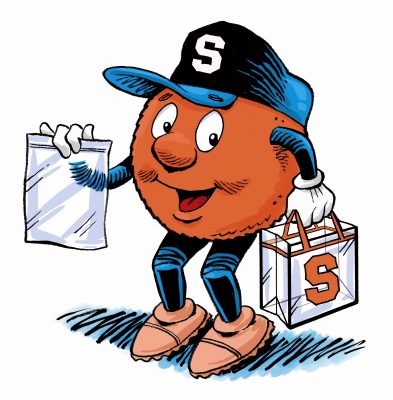 Otto the Orange holding a clear plastic bag and an SU clear tote.