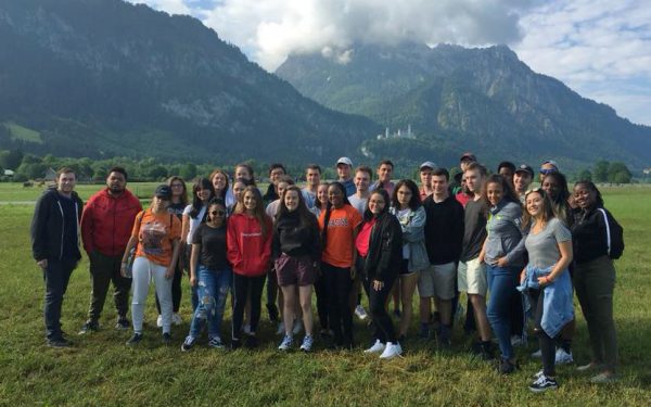 Students on the 2018 EuroTech trip pose for a group photo near Neuschwanstein Castle in Bavaria, Germany.