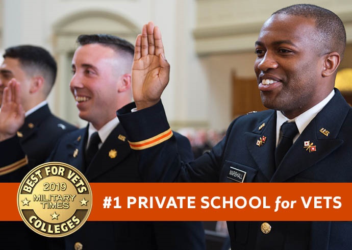 Three veterans in uniform taking an oath, with a banner reading '#1 Private School for Vets' and a badge recognizing 'Best for Vets 2019' by Military Times."
