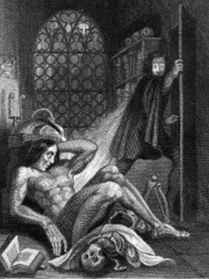 The frontispiece of the 1831 edition of "Frankenstein," featuring the first visual depiction of Victor Frankenstein and the Creature.