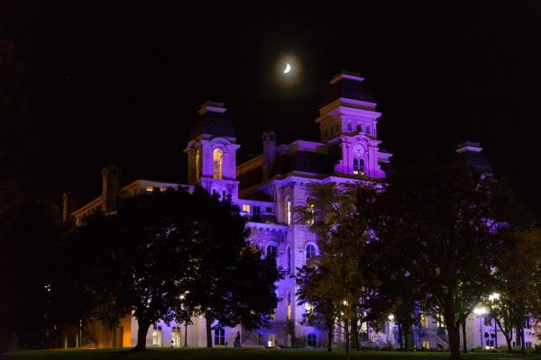 Hall of Languages lit up in purple at night with moon in background