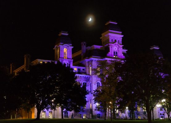 Hall of Languages lit up in purple