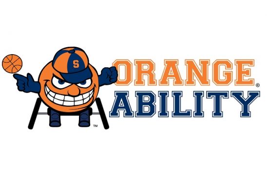 Otto the Orange using an athletic wheelchair and spinning a basketball on his finger, next to stylized text of “orange ability” in orange and blue varsity-style lettering