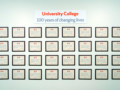 Certificates on wall at University College