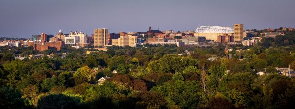 skyline shot of buildings and stadium concept