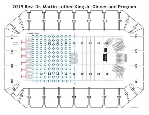 This diagram indicates the event floor plan. The sections highlighted in yellow indicate where all attendees are seated for the main program. The blue circles indicate dinner tables. All dinner attendees will be moved to a reserved section for the main program following the conclusion of the dinner.