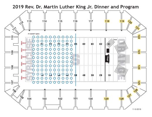 This diagram shows the event floor plan. The sections highlighted in yellow indicate where all attendees are seated for the main program. The blue circles indicate dinner tables. All dinner attendees will be moved to a reserved section for the main program following the conclusion of the dinner.