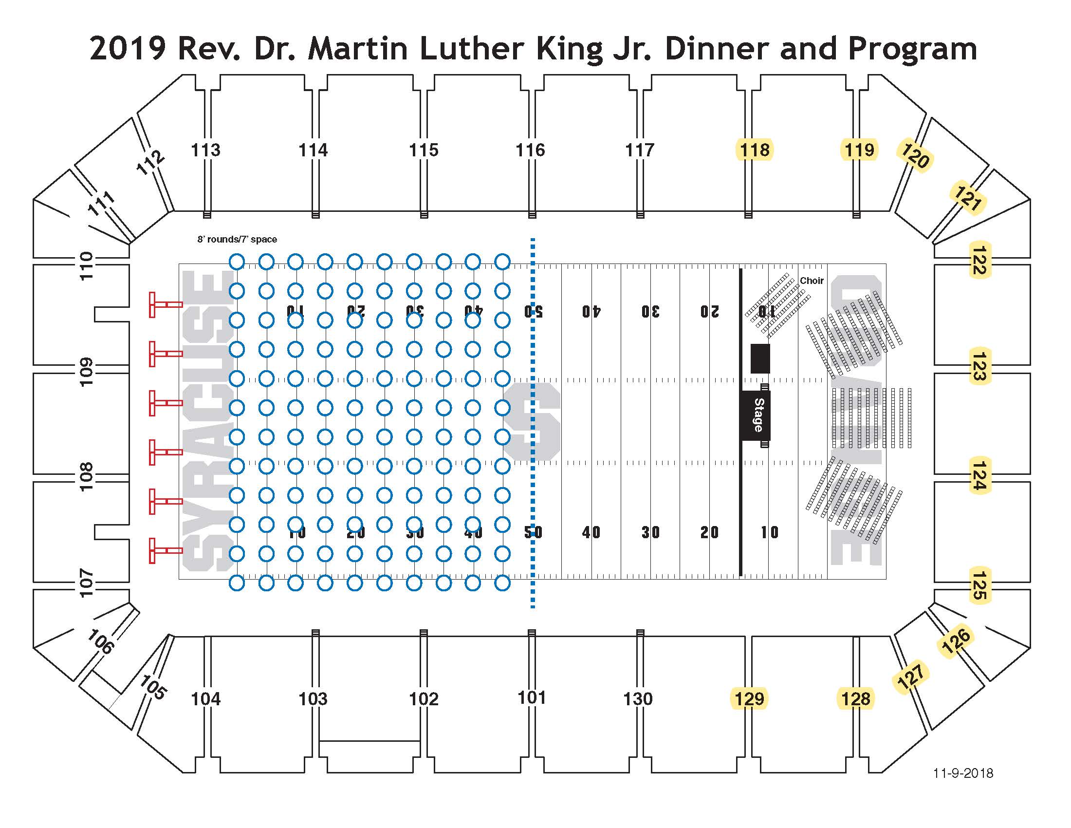 This diagram shows the event floor plan. The sections highlighted in yellow indicate where all attendees are seated for the main program. The blue circles indicate dinner tables. All dinner attendees will be moved to a reserved section for the main program following the conclusion of the dinner.
