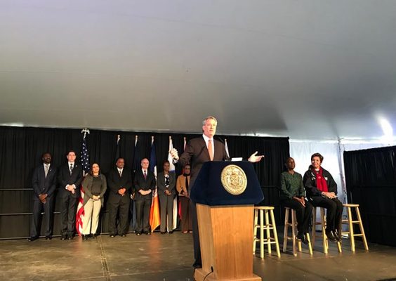 New York City Mayor Bill de Blasio announcing at a Veterans Day press conference that the VetConnect NYC program created by the Institute for Veteran and Military Families will coordinate social service delivery for veterans and military-connected families throughout the city.