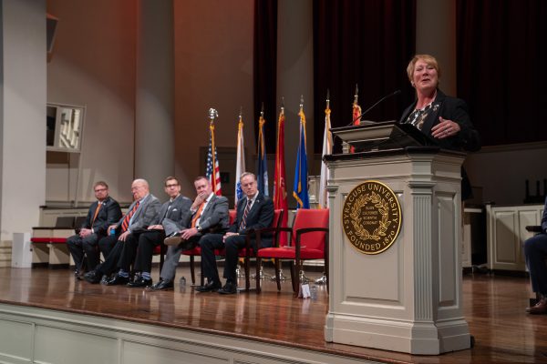 Veterans Day 2018 Ceremony and LuncMajor General Peggy Combs giving the keynote address in Hendricks Chapel.
