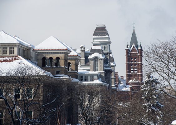 Snow atop Smith Hall and the Hall of Languages