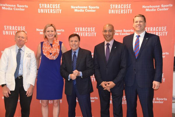 Announcing the project at a press conference in New York are (from left): Dr. Robert Cantu, Olivia Stomski, Bob Costas, J.A. Adande and Chris Nowinski.