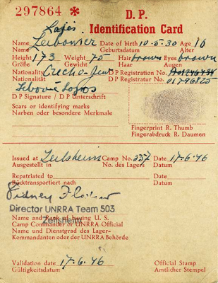 Lebowitz's ID card, issued to him at a displaced persons camp near Frankfurt, Germany, in 1946.