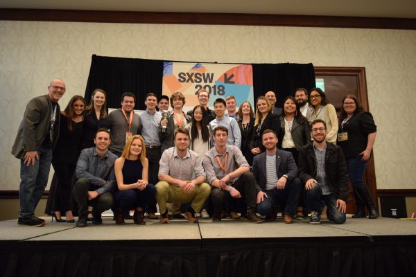 Sean Branagan (far left) with the "Entrepreneurial Eight" teams and judges at the 2018 Student Startup Madness finals during the South By Southwest Interactive conference last March in Austin, Texas.