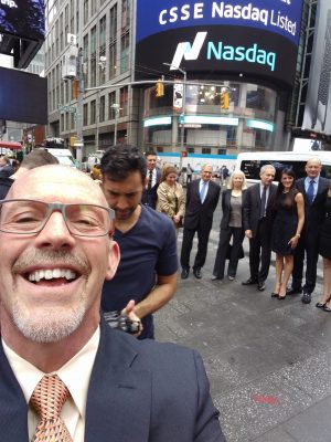 Mugging for the camera outside NASDAQ at the IPO for Chicken Soup for the Soul Entertainment.