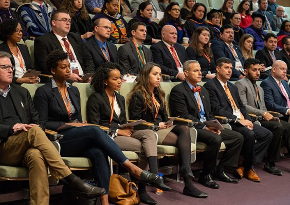 The inaugural JDinteractive class attending the Jan. 7 convocation ceremony in the Melanie Gray Ceremonial Courtroom and listening to remarks by Assistant U.S. Attorney for the Northern District of New York Adam J. Katz L'04.