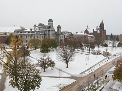 snow covered campus scene with buildings
