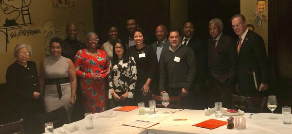 Several members of the Office of Multicultural Advancement’s new alumni advisory council came together this week for a welcome dinner in New York City. Front row: Dr. Ruth Chen; Rosann Santos ’95, Candace Carnage ’90, Kristin Bragg ’93, Rachel Vassel ’91, Zhamyr Cueva ’93. Back row: Victor Holman ’82, Tara Brown Favors ’95, Keith Brown ’82, Charles Willis Jr. ’90, Vincent Cohen Jr. 9’92, William (Billy) Hunter ’65 and Chancellor Kent Syverud.