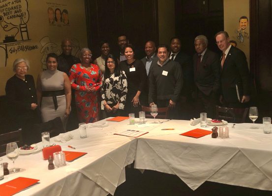 Several members of the Office of Multicultural Advancement’s new alumni advisory council came together this week for a welcome dinner in Syracuse. Front row: Dr. Ruth Chen; Rosann Santos ’95, Candace Carnage ’90, Kristin Bragg ’93, Rachel Vassel ’91, Zhamyr Cueva ’93. Back row: Victor Holman ’82, Tara Brown Favors ’95, Keith Brown ’82, Charles Willis Jr. ’90, Vincent Cohen Jr. 9’92, William (Billy) Hunter ’65 and Chancellor Kent Syverud.