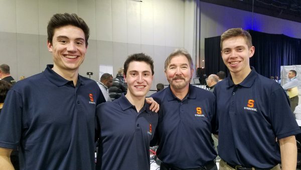 Drew Carter ’19, Jonah Karp ’20, sport management professor Dennis Deninger and Jackson Ajello ’19 rep Syracuse on Radio Row during Super Bowl LIII Media Week in Atlanta. (Photo courtesy of Jonah Karp)
