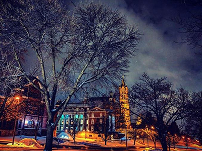 campus buildings at night