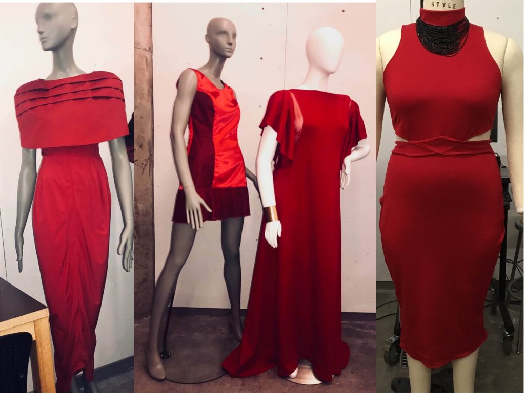 Petite and plus-size dress designs by Sheila Xu ’20 and Kalthom Aljiboury ’20.