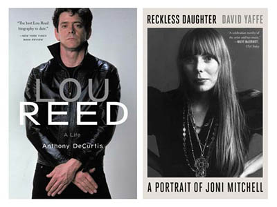 Book covers depicting Lou Reed and Joni Mitchell