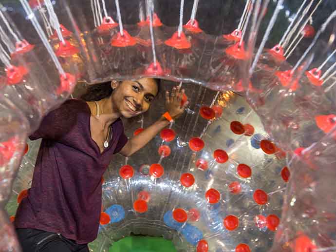 woman in plastic bubble
