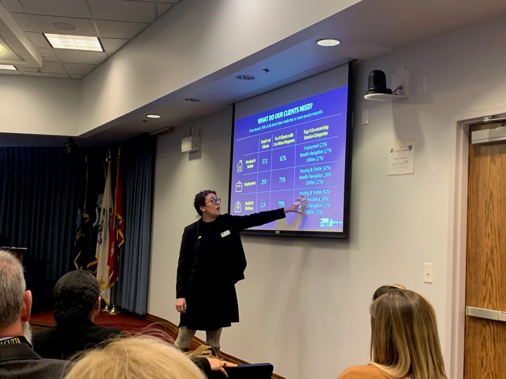 Gilly Cantor sharing data with the community about how NCServes networks came together in response to Hurricane Florence at the NCServes-Coastal 2-Year In-Practice Review in Jacksonville, North Carolina.