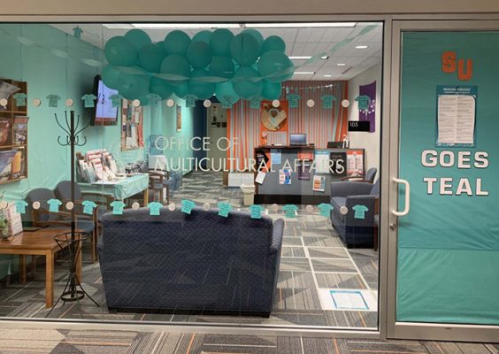 view of the Office of Multicultural Affairs decorated in teal