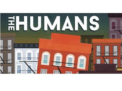 art graphic of play with drawn buildings with words The Humans
