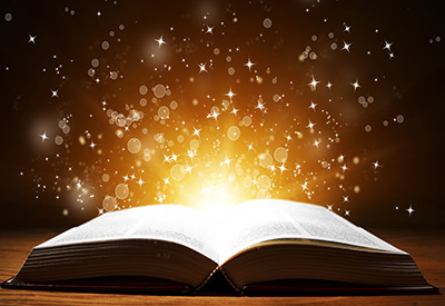 illustration of an open book with stars emerging from it