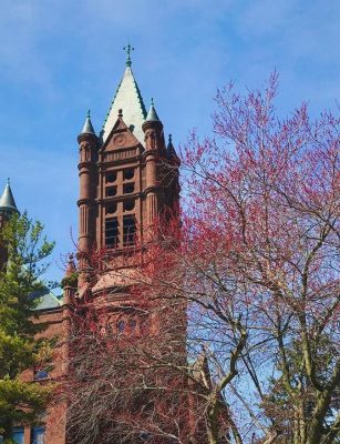 Crouse College spires with trees in front