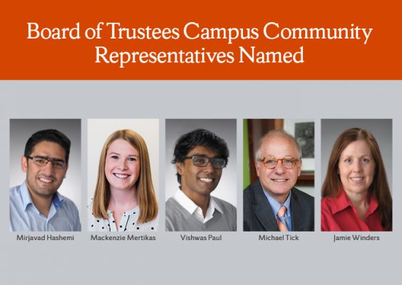 five headshots in graphic with words Board of Trustees Campus Community Representatives Named